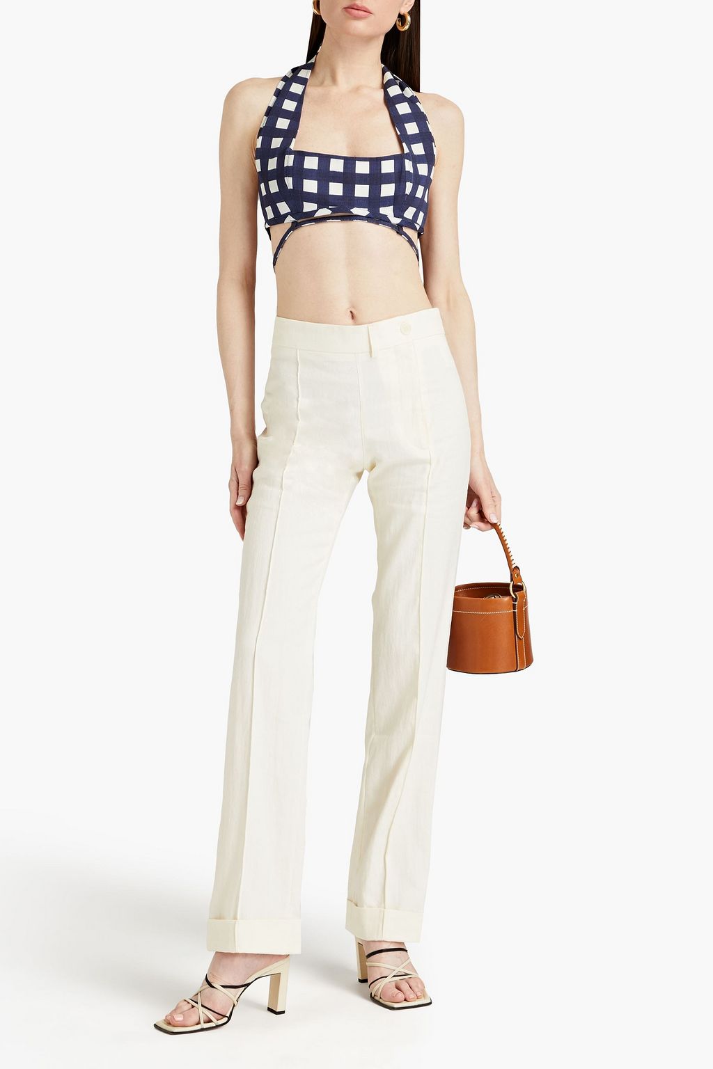 JACQUEMUS Limao cropped gingham woven halterneck top