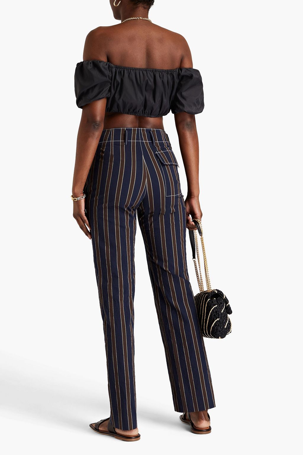 TORY BURCH 스트라이프 크링클드 스트레치 코튼 스트레이트 레그 팬츠