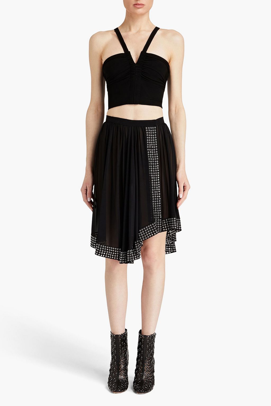 ALAÏA Gathered embellished silk-georgette midi skirt