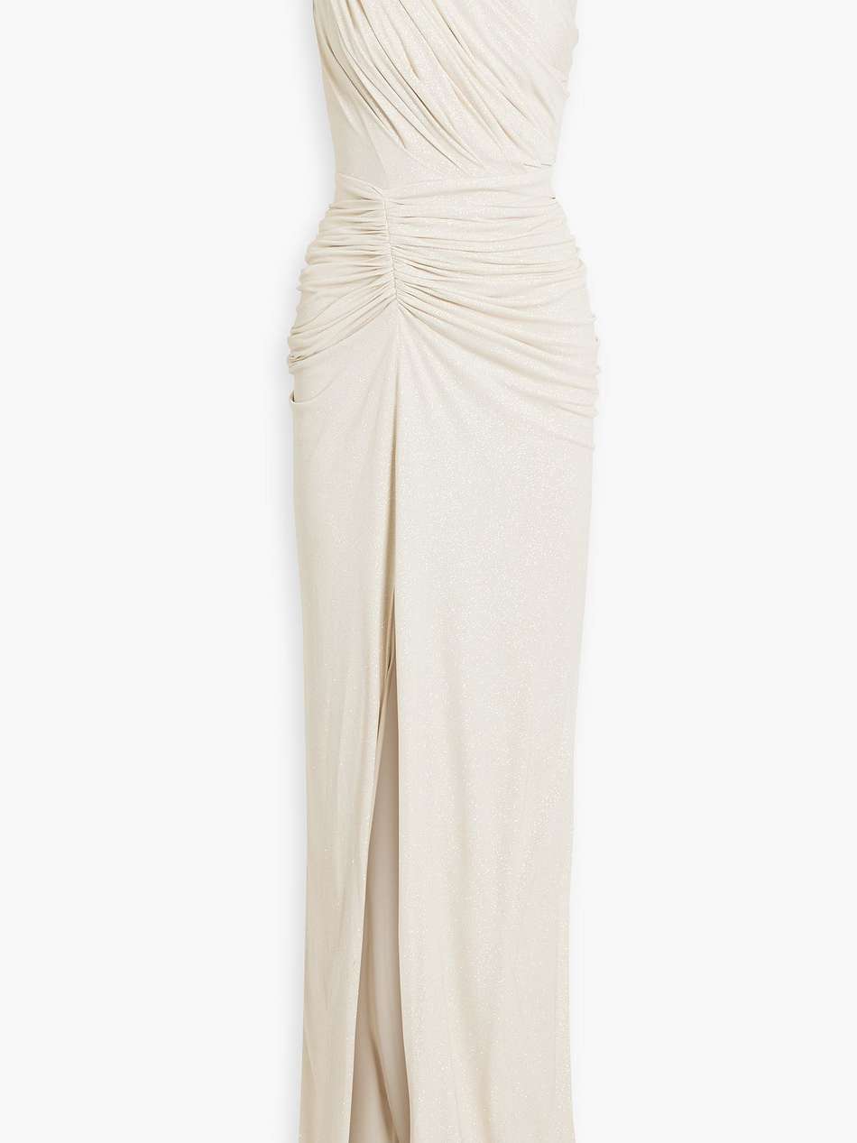 one-shoulder ruched glittered jersey gown