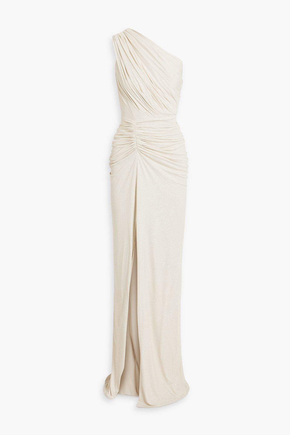 Rhea Costa One-shoulder Ruched Glittered Jersey Gown In Ecru