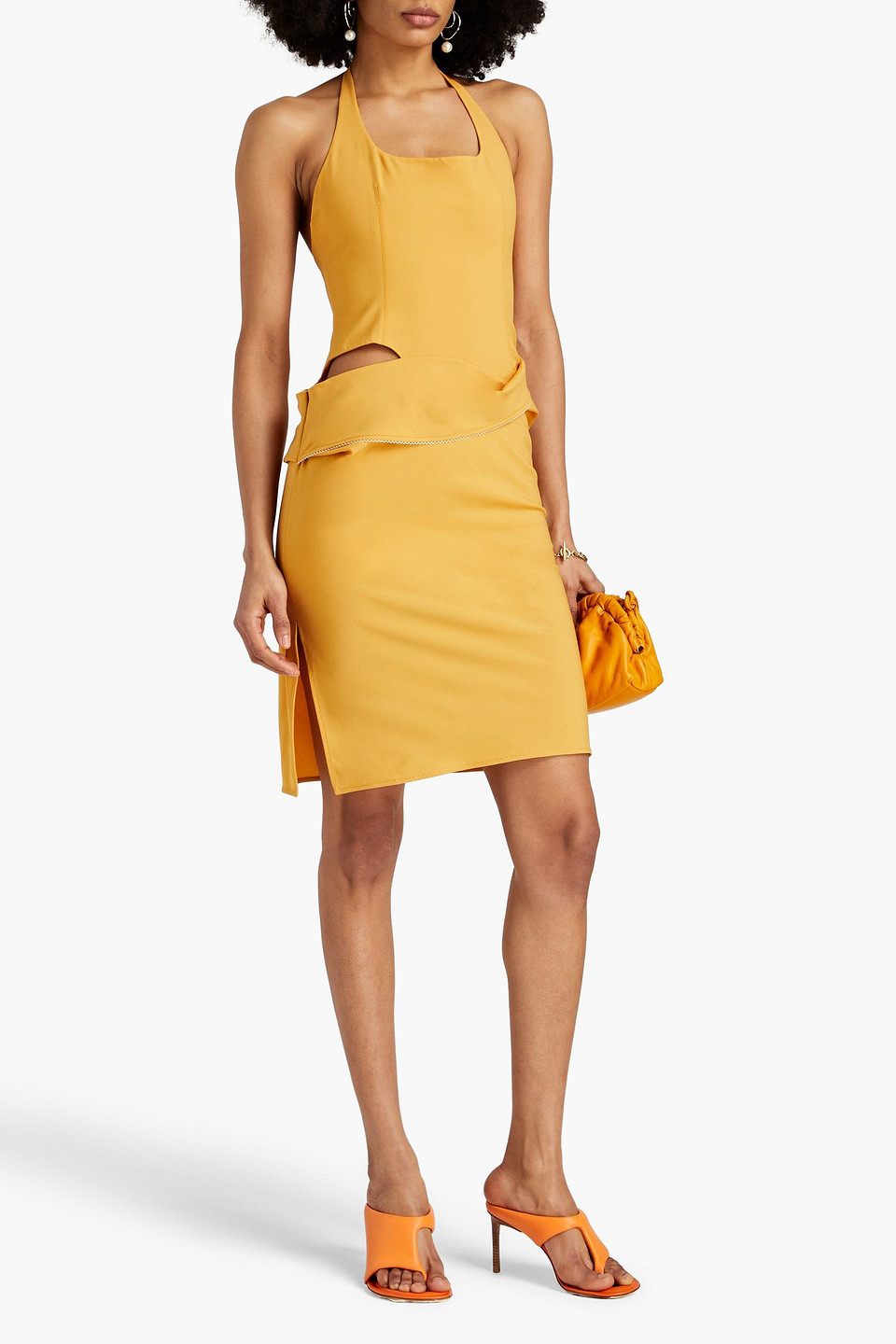 Jacquemus Hielo Cutout Draped Wool-blend Halterneck Mini Dress In Saffron