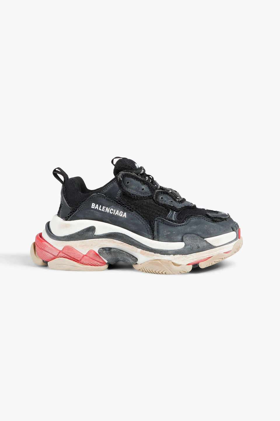 BALENCIAGA TRIPLE S DISTRESSED LEATHER AND MESH SNEAKERS,3074457345635677124