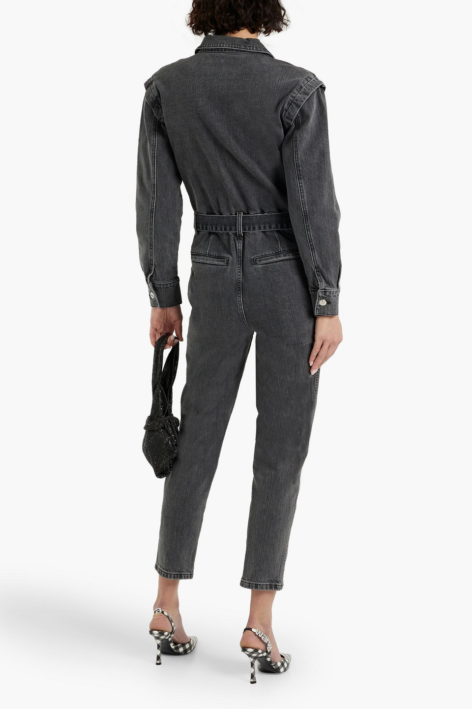 Shop Iro Augu Cropped Belted Denim Jumpsuit In Dark Gray