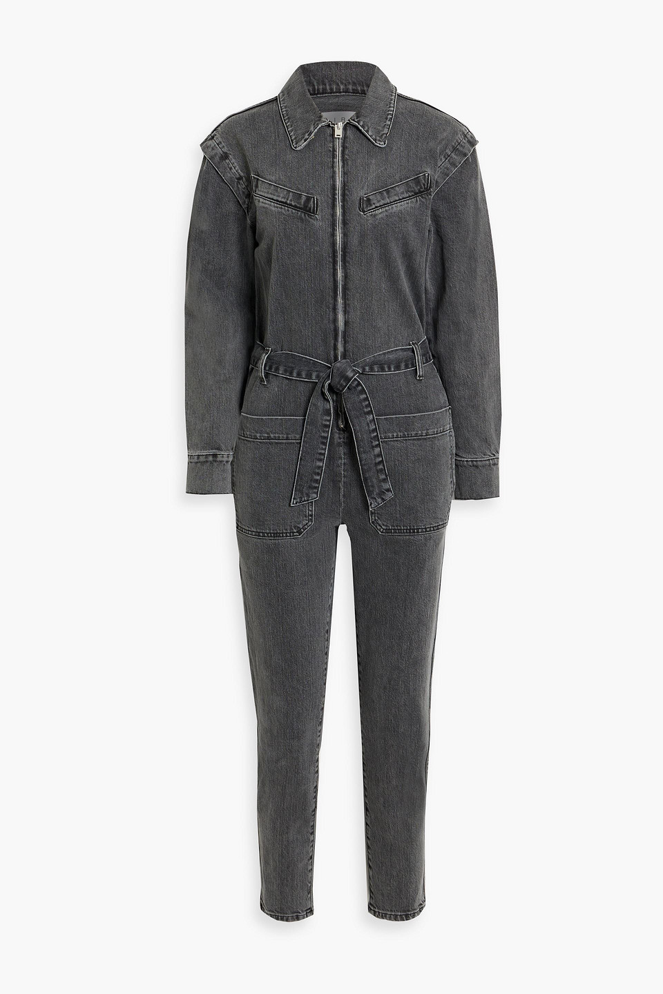 Iro Augu Cropped Belted Denim Jumpsuit In Dark Gray