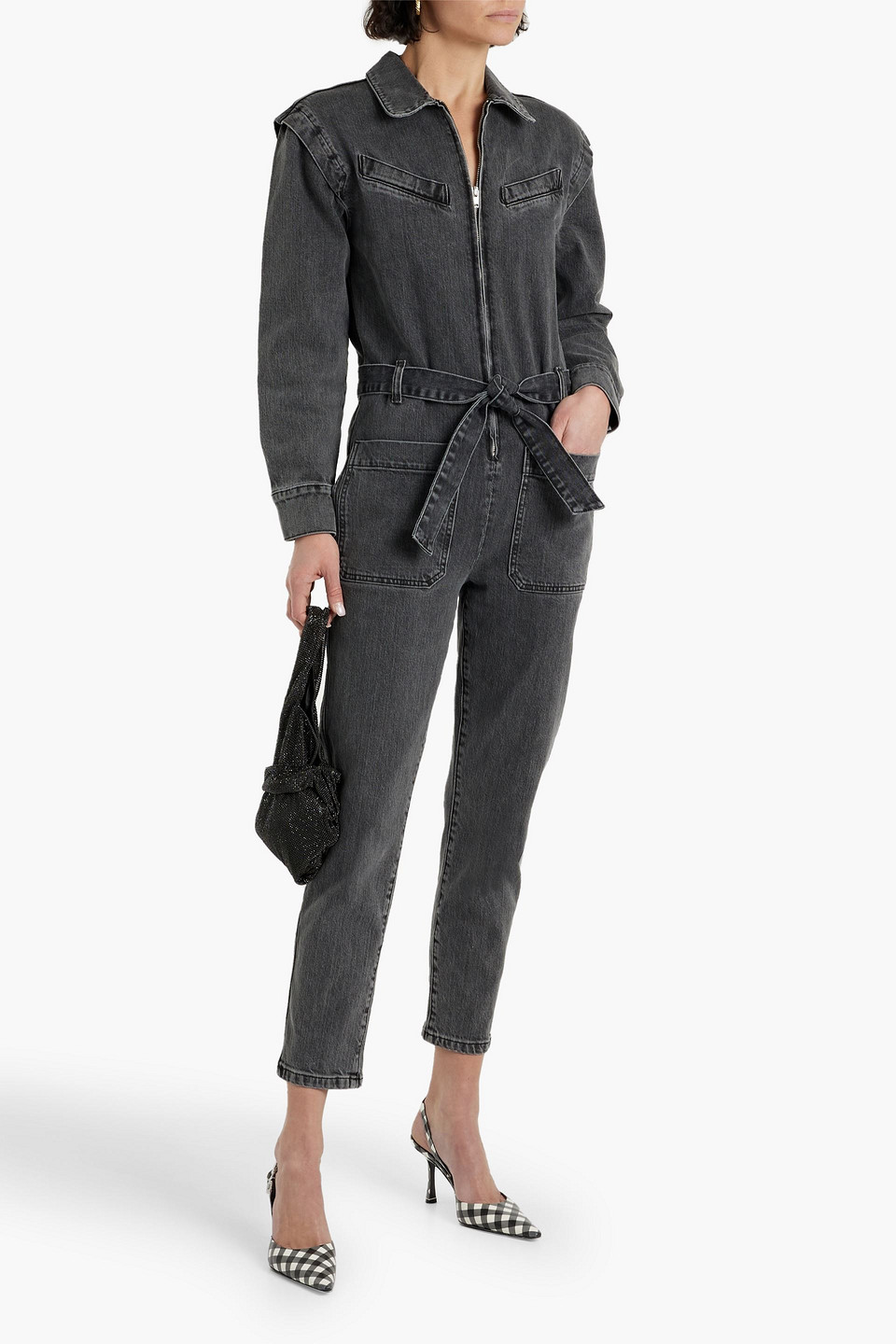 Shop Iro Augu Cropped Belted Denim Jumpsuit In Dark Gray