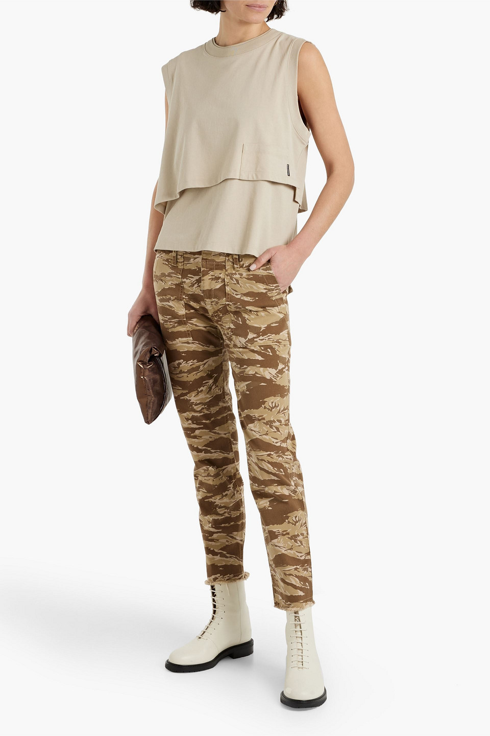 Shop Nili Lotan Jenna Cropped Camouflage Cotton-blend Twill Slim-leg Pants In Sand