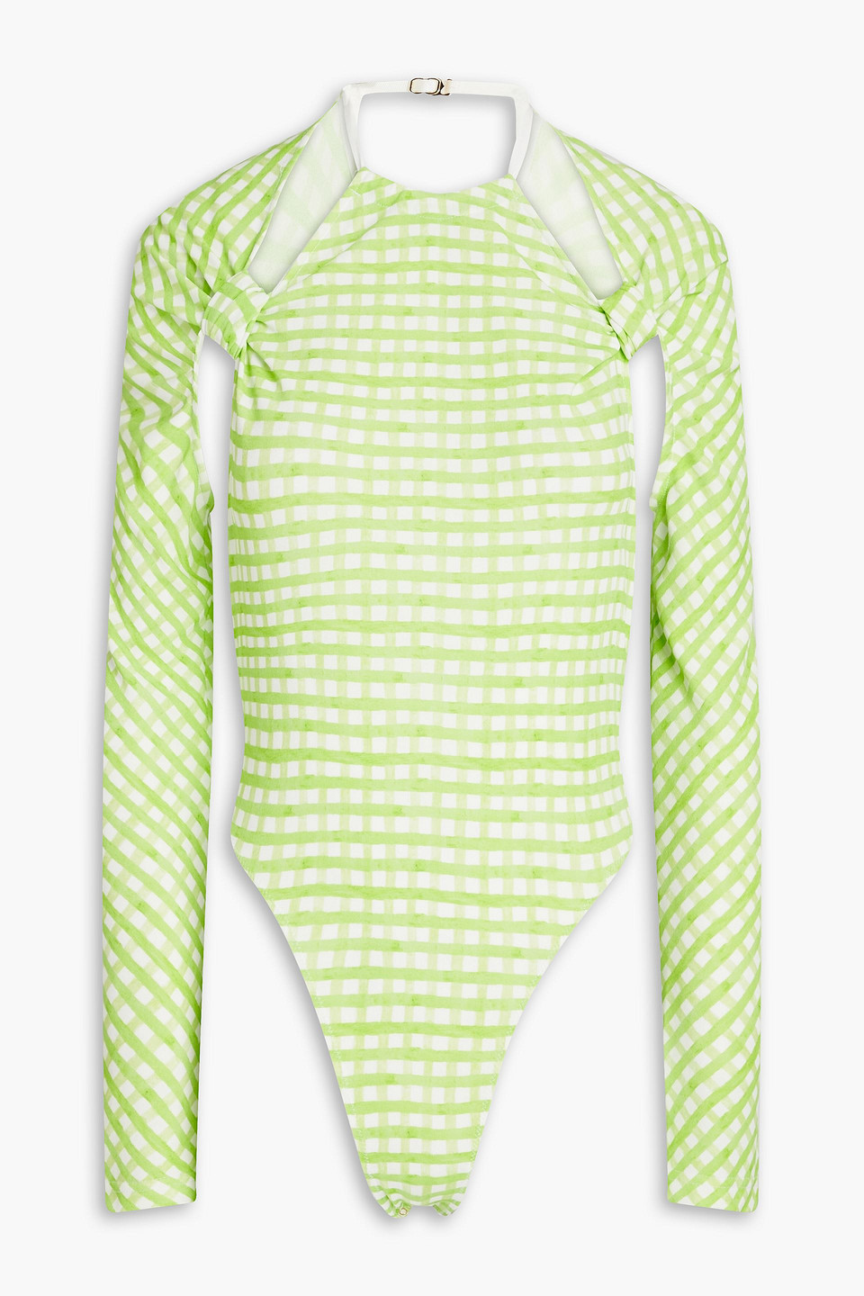 Shop Jacquemus Nodi Cutout Knotted Gingham Jersey Bodysuit In Light Green