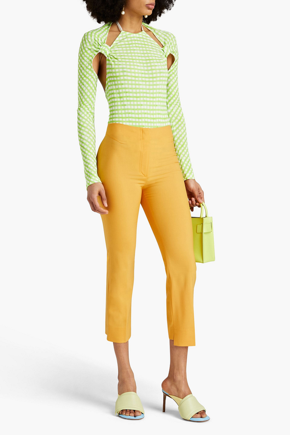 Shop Jacquemus Nodi Cutout Knotted Gingham Jersey Bodysuit In Light Green