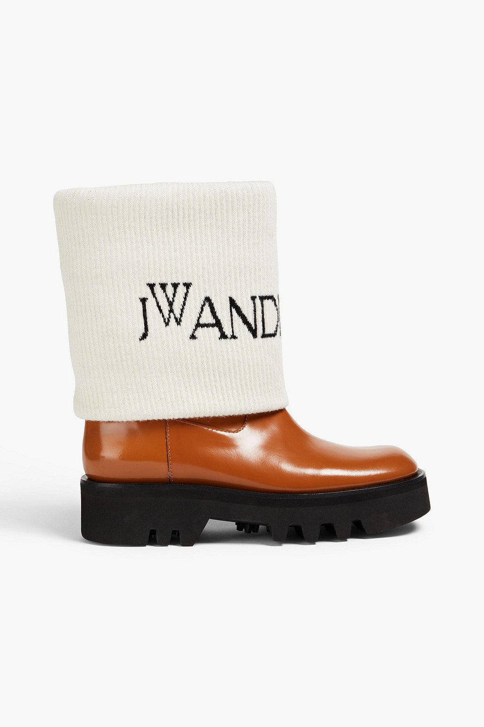 Jw Anderson Fisherman Wool-jacquard Trimmed Glossed-leather Ankle Boots In Tan