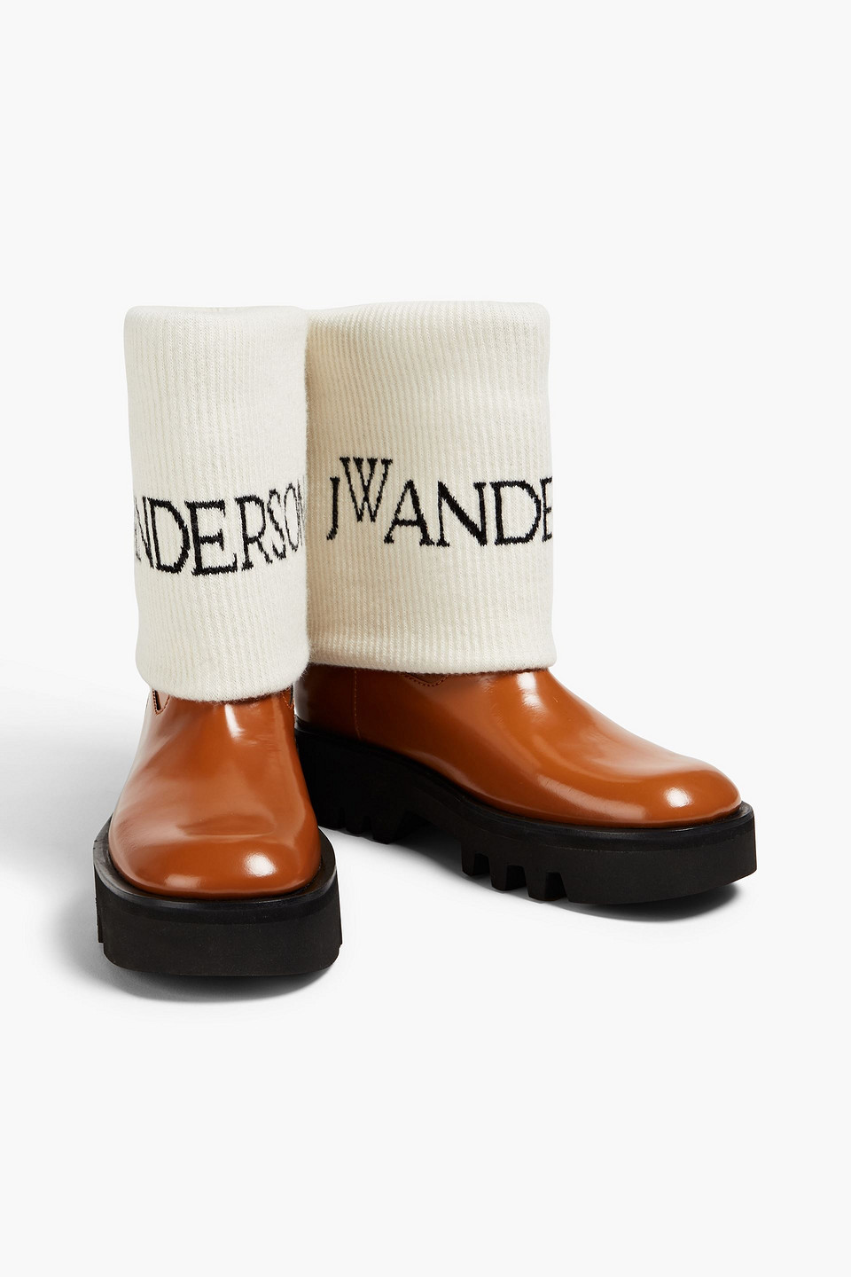 Jw Anderson Fisherman Wool-jacquard Trimmed Glossed-leather Ankle Boots In Tan