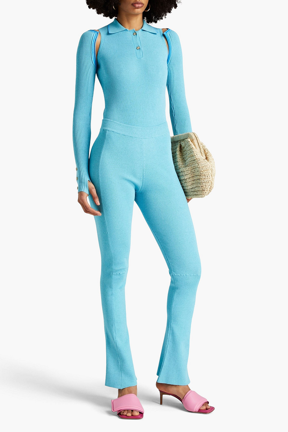 Shop Jacquemus Ciao Convertible Ribbed-knit Bodysuit In Turquoise