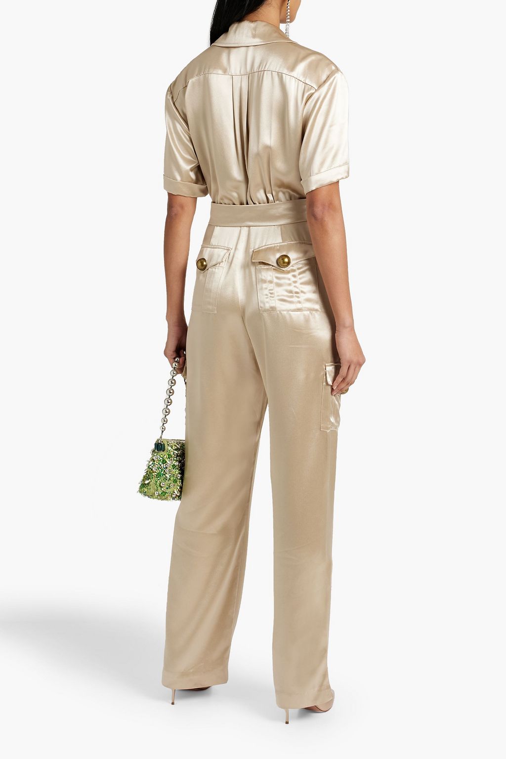 AREA Belted metallic satin jumpsuit