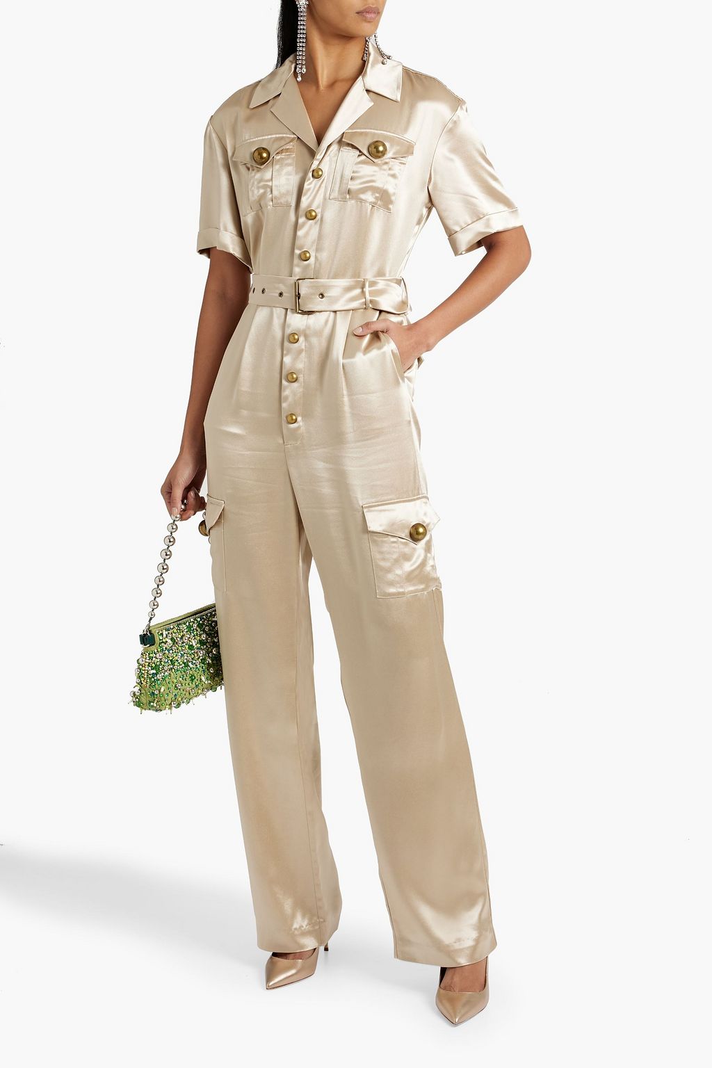 AREA Belted metallic satin jumpsuit