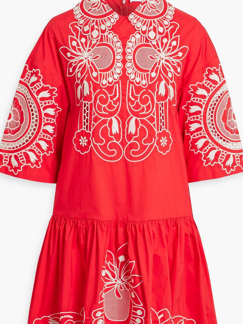 gathered embroidered cotton-poplin mini dress
