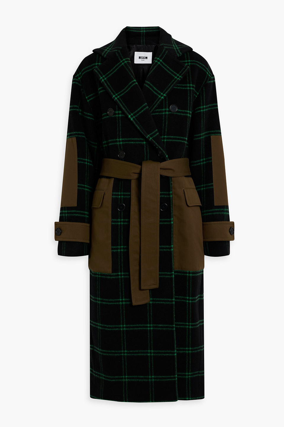 Msgm Check Double-breasted Coat In Black/green