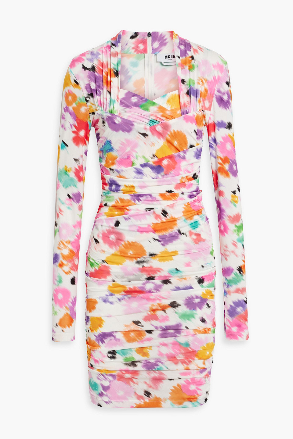 Msgm Ruched Printed Stretch-jersey Mini Dress In Lavender