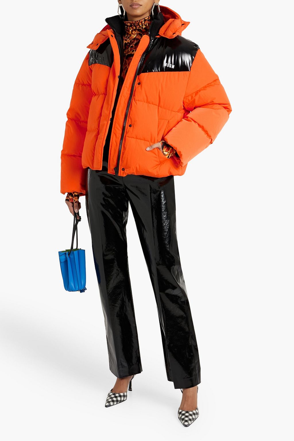 Quilted vinyl paneled shell hooded down jacket orange IT 38