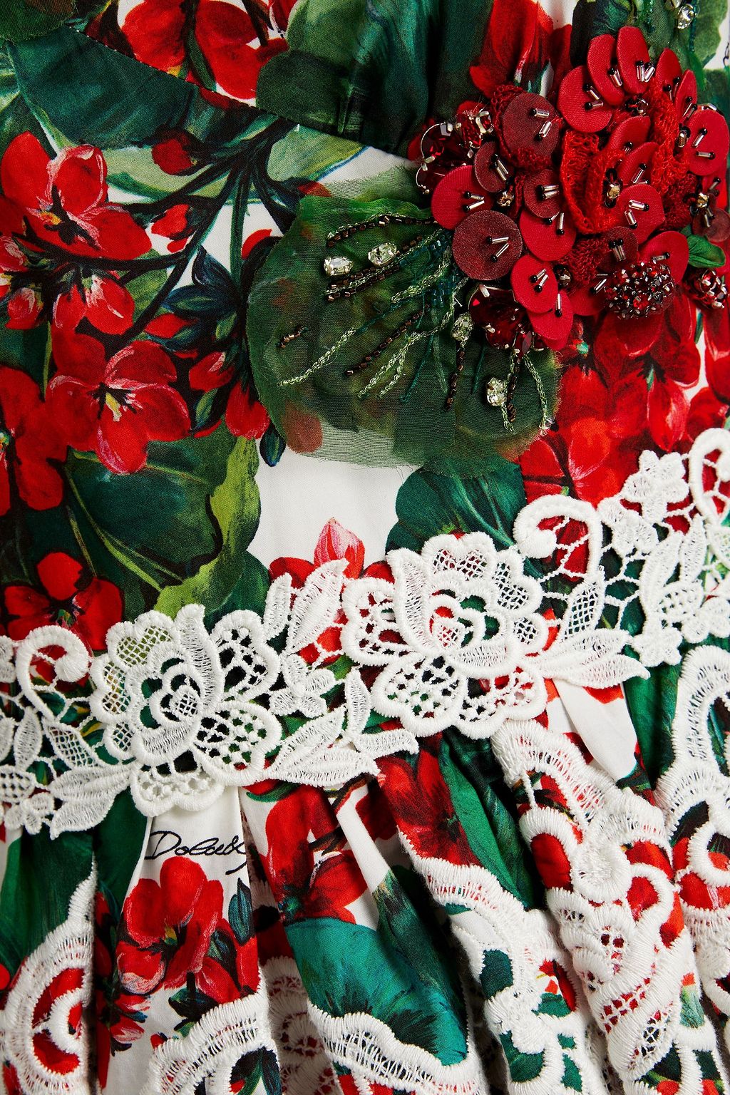 DOLCE&GABBANA فستان من البوبلين المصنوع من مزيج القطن بحواف من الكروشيه مزين بطبعات على شكل زهور