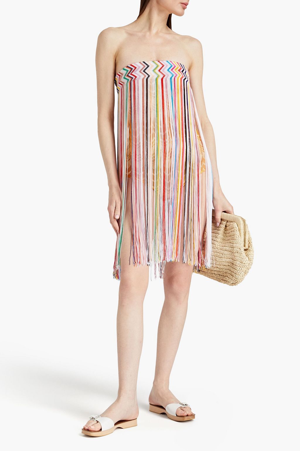 MISSONI Trägerloses Strandkleid aus Häkelstrick mit Fransen