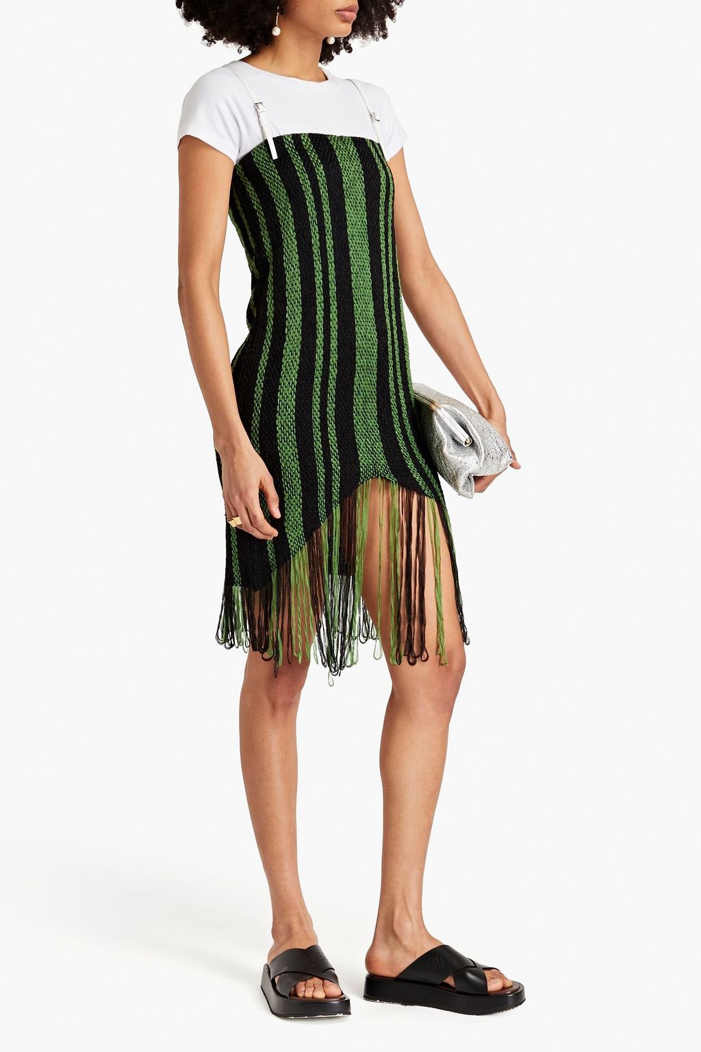 JW ANDERSON فستان قصير من نسيج محبوك بتصميم مخطط مزين بأهداب
