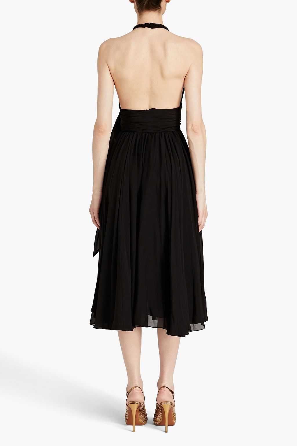ALAÏA 개더 디테일 실크 시폰 홀터넥 미디 드레스