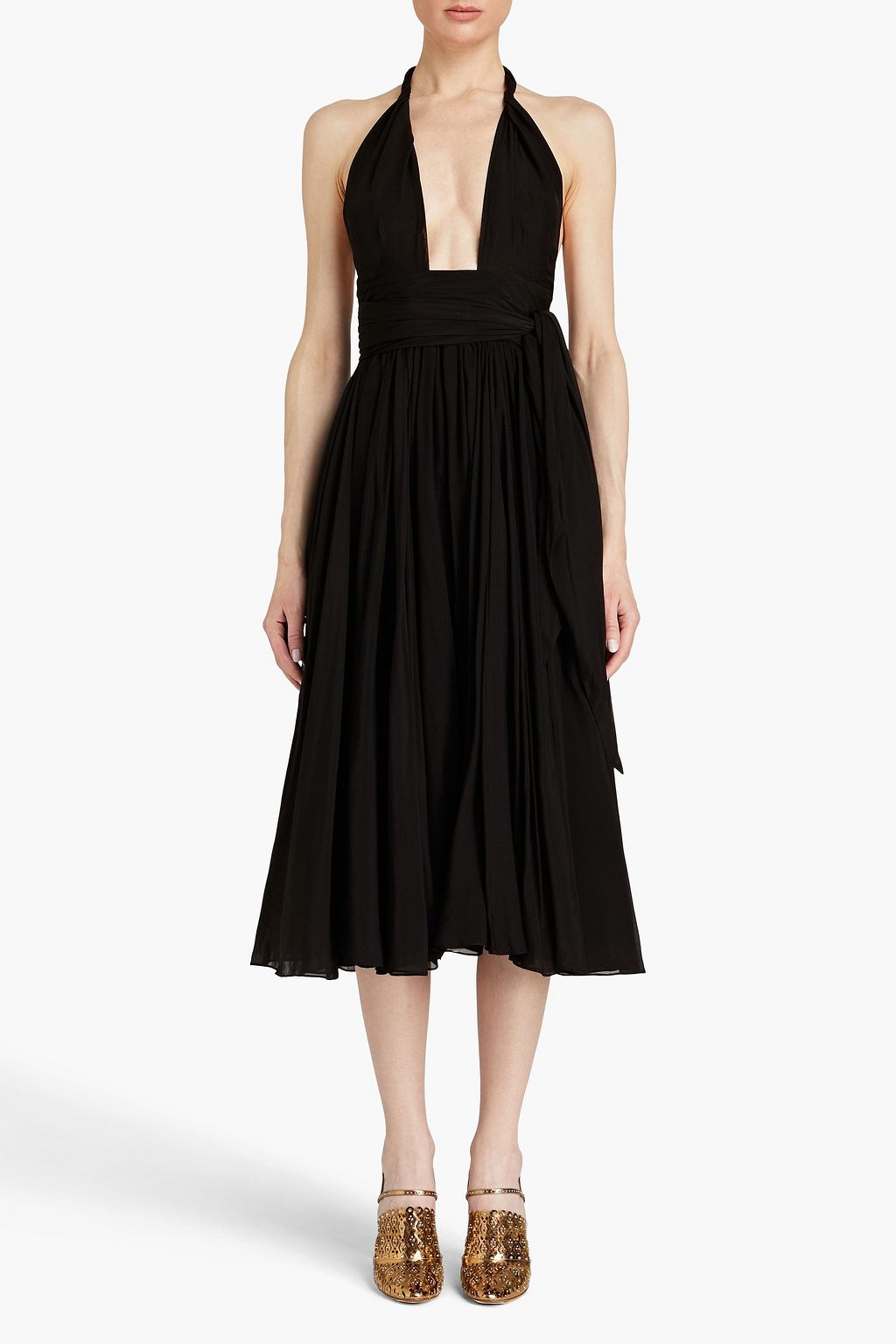 ALAÏA 개더 디테일 실크 시폰 홀터넥 미디 드레스
