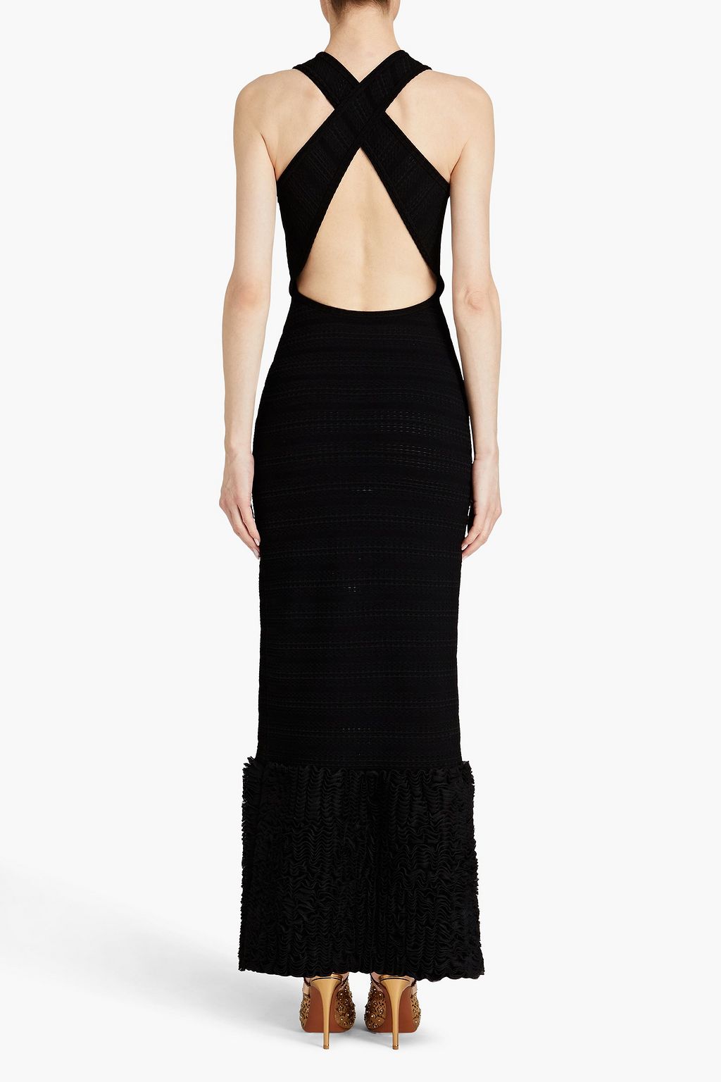 ALAÏA 透かし編みニット マキシワンピース ラッフルトリム