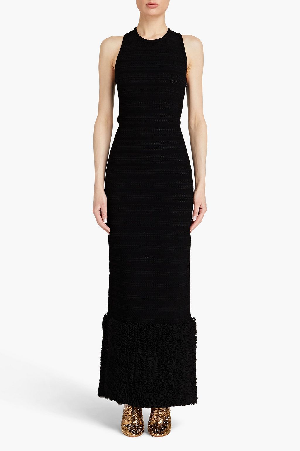 ALAÏA 透かし編みニット マキシワンピース ラッフルトリム