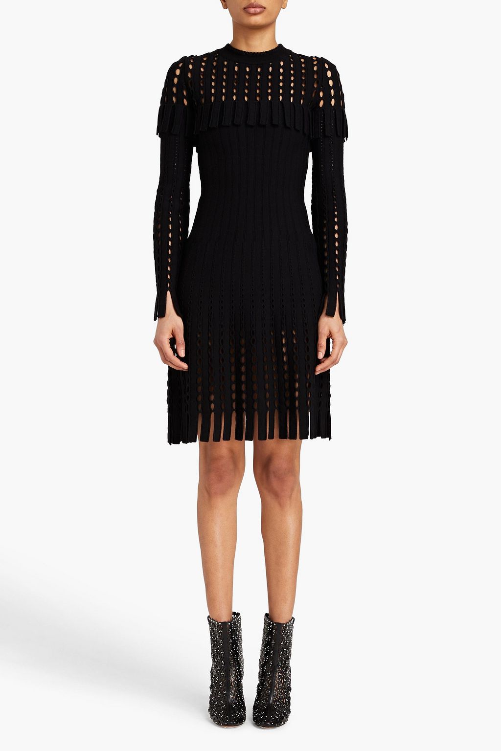 ALAÏA ウール混 ミディワンピース フリンジ付き カットアウト