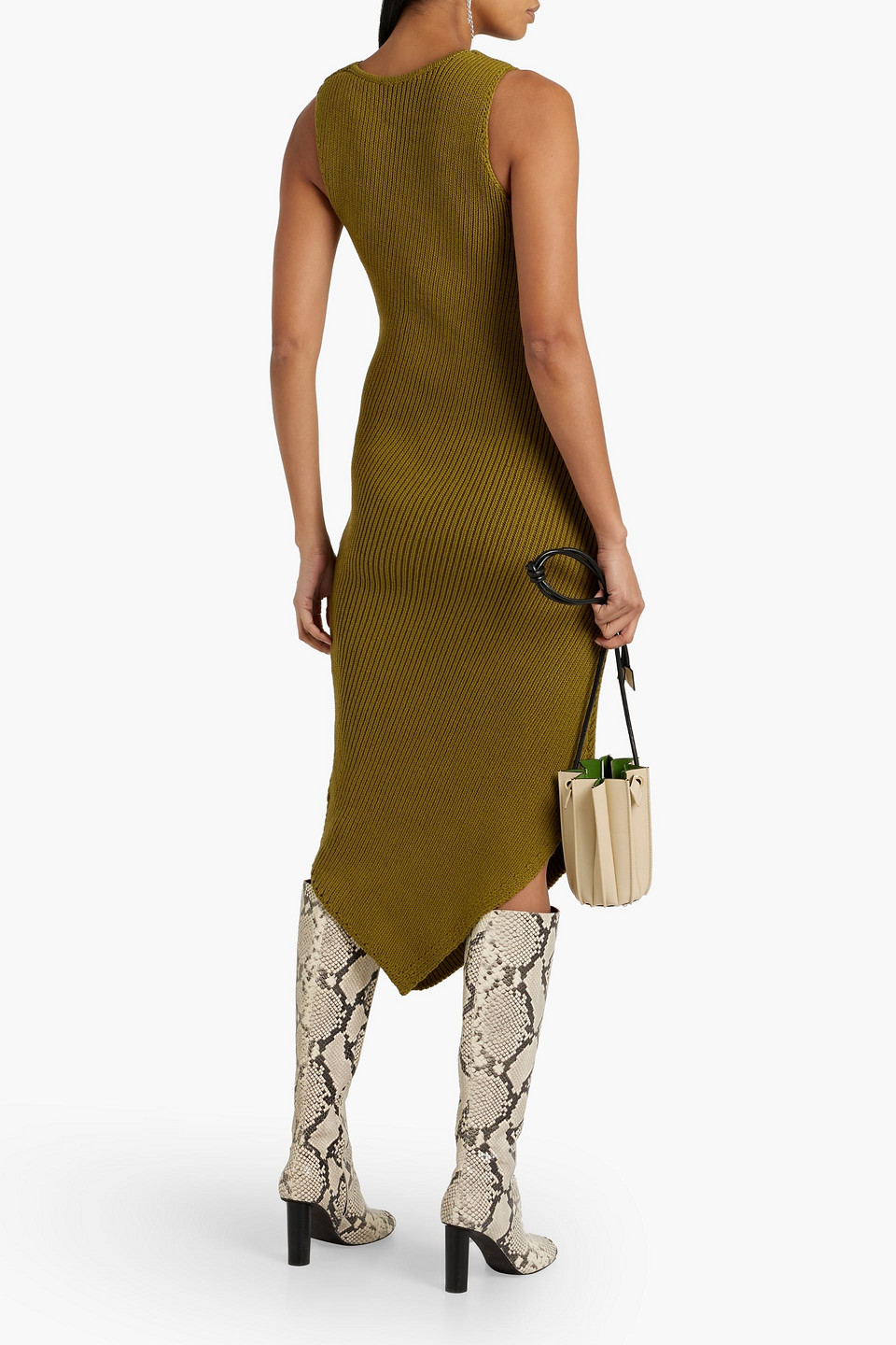 Shop Equipment Lucasse Asymmetric Ribbed Cotton-blend Midi Dress In Army Green