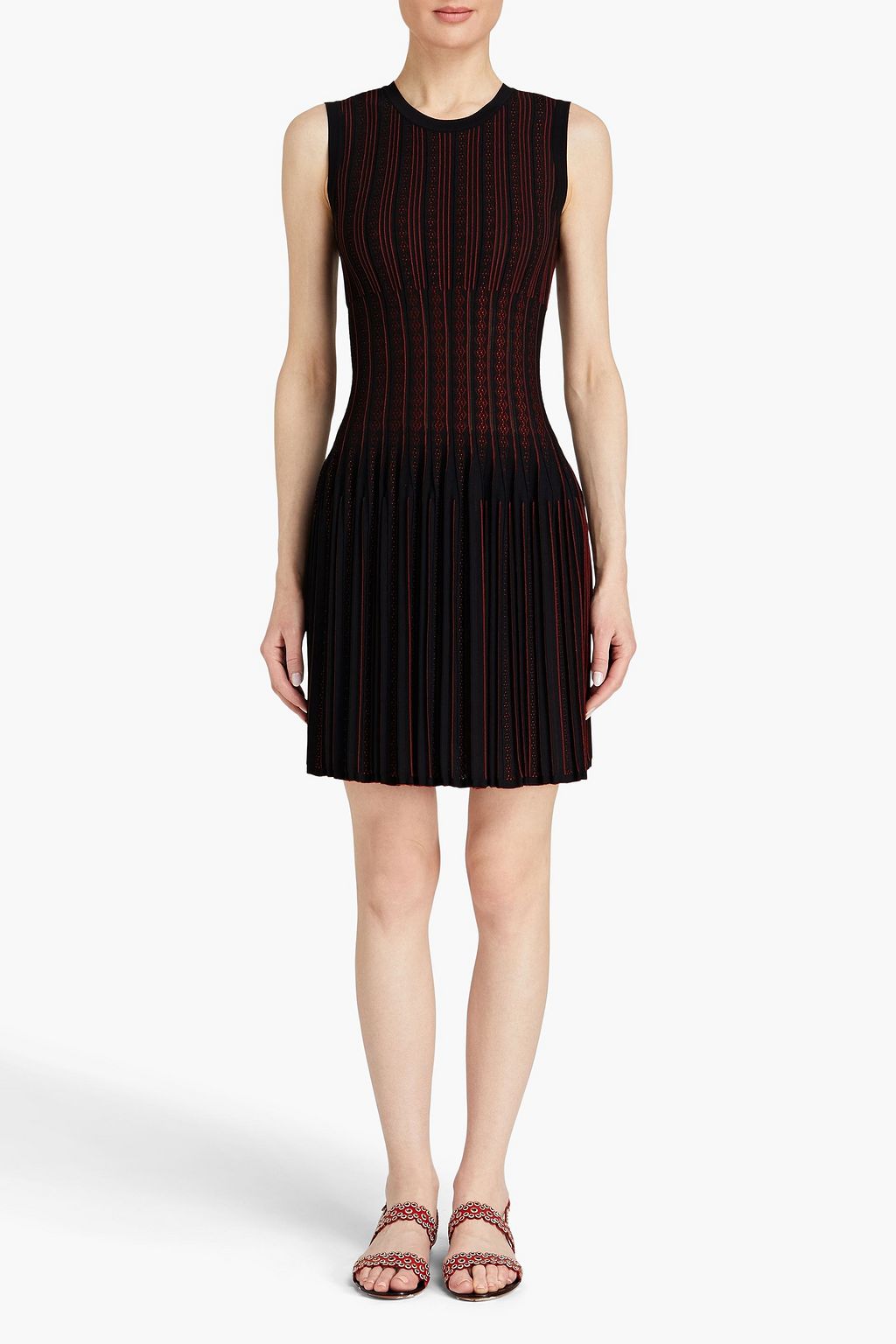 ALAÏA Pleated two-tone pointelle-knit mini dress