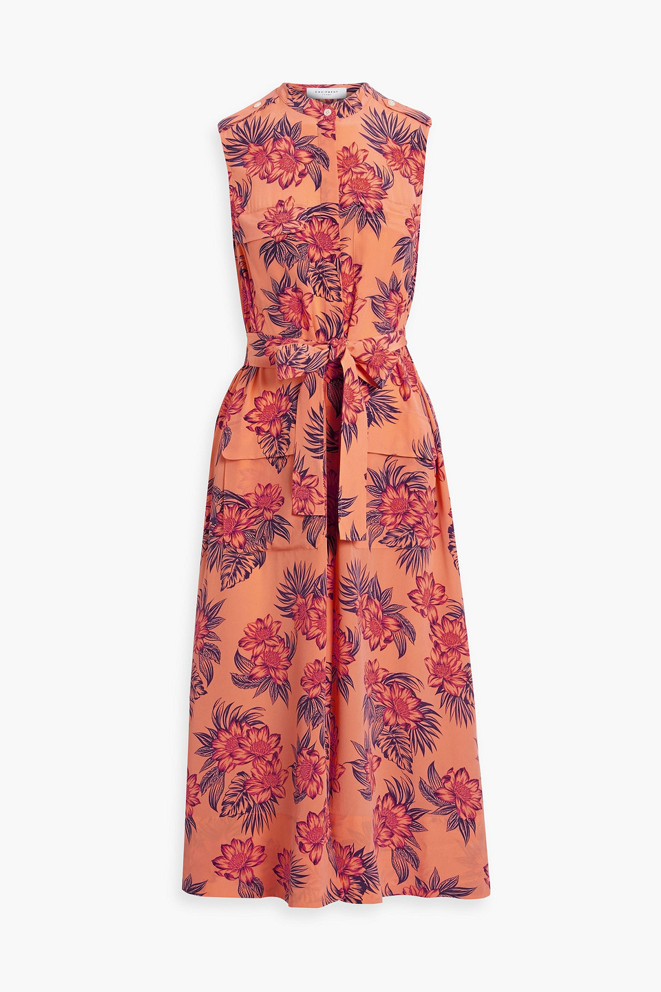 Equipment Illumina Belted Floral-print Silk Midi Dress In Peach