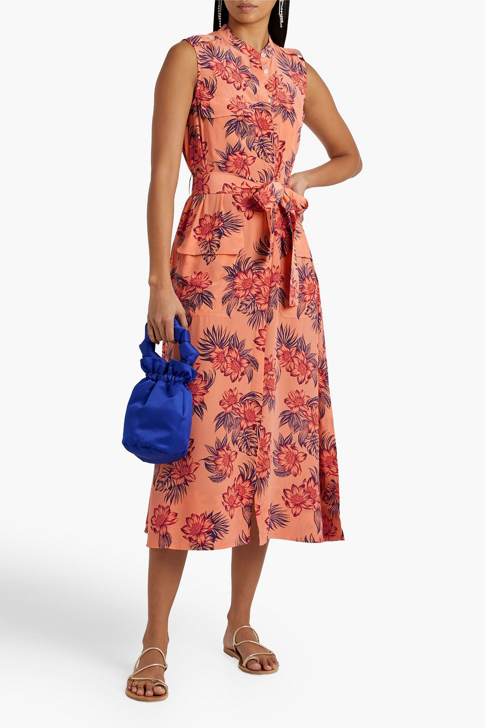 Shop Equipment Illumina Belted Floral-print Silk Midi Dress In Peach