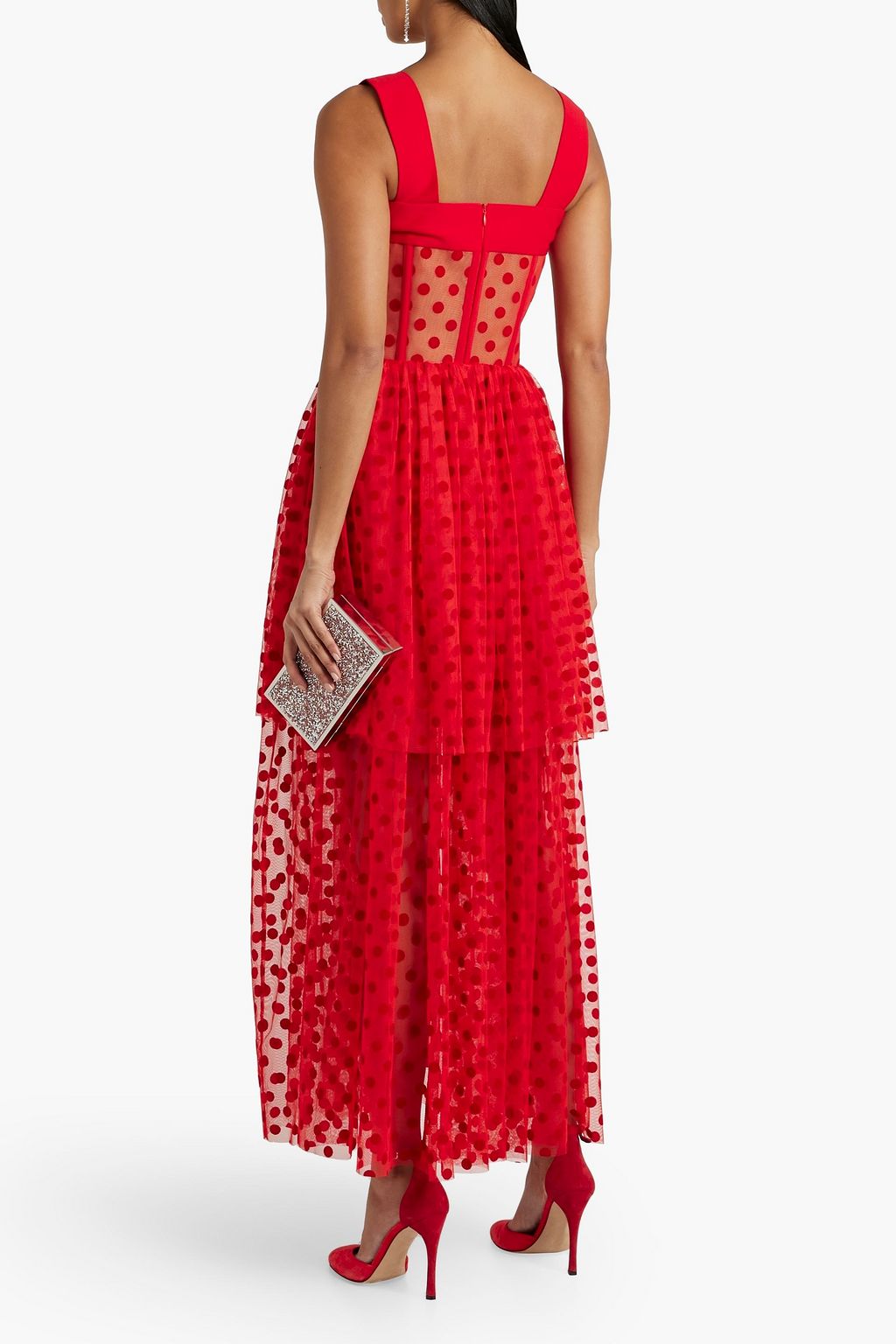 RASARIO Crepe-paneled polka-dot flocked tulle maxi dress