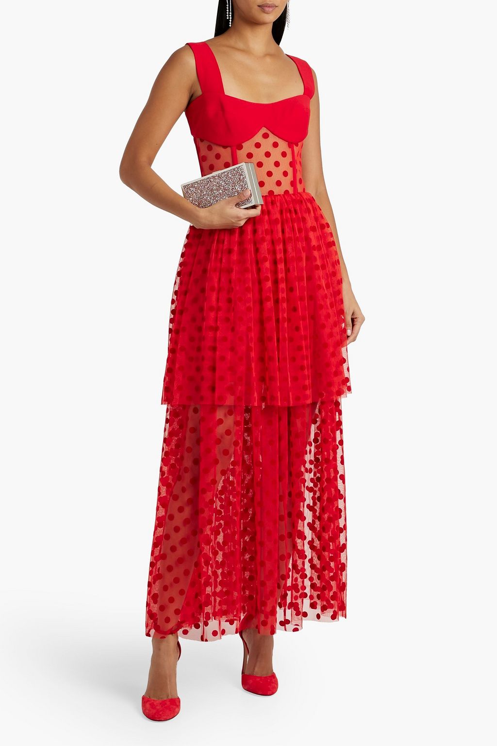 RASARIO Crepe-paneled polka-dot flocked tulle maxi dress
