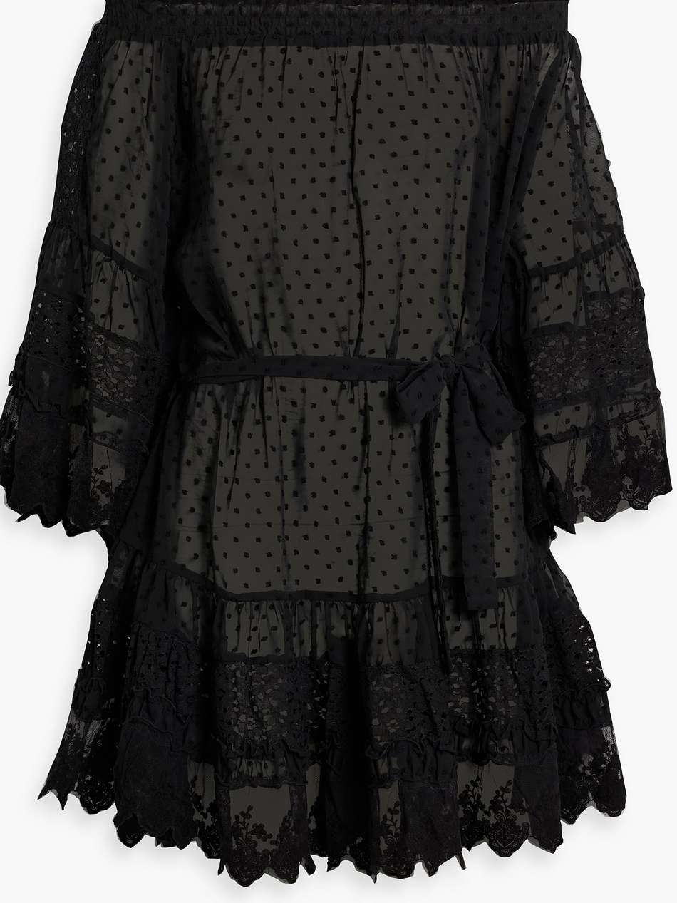 alice off-the-shoulder lace-paneled swiss-dot mini dress