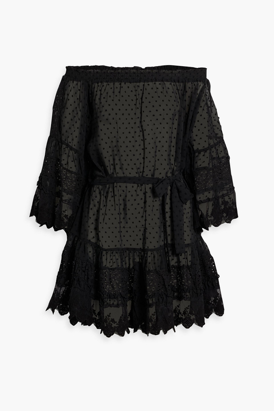 Melissa Odabash Alice Off-the-shoulder Lace-paneled Swiss-dot Mini Dress In Black