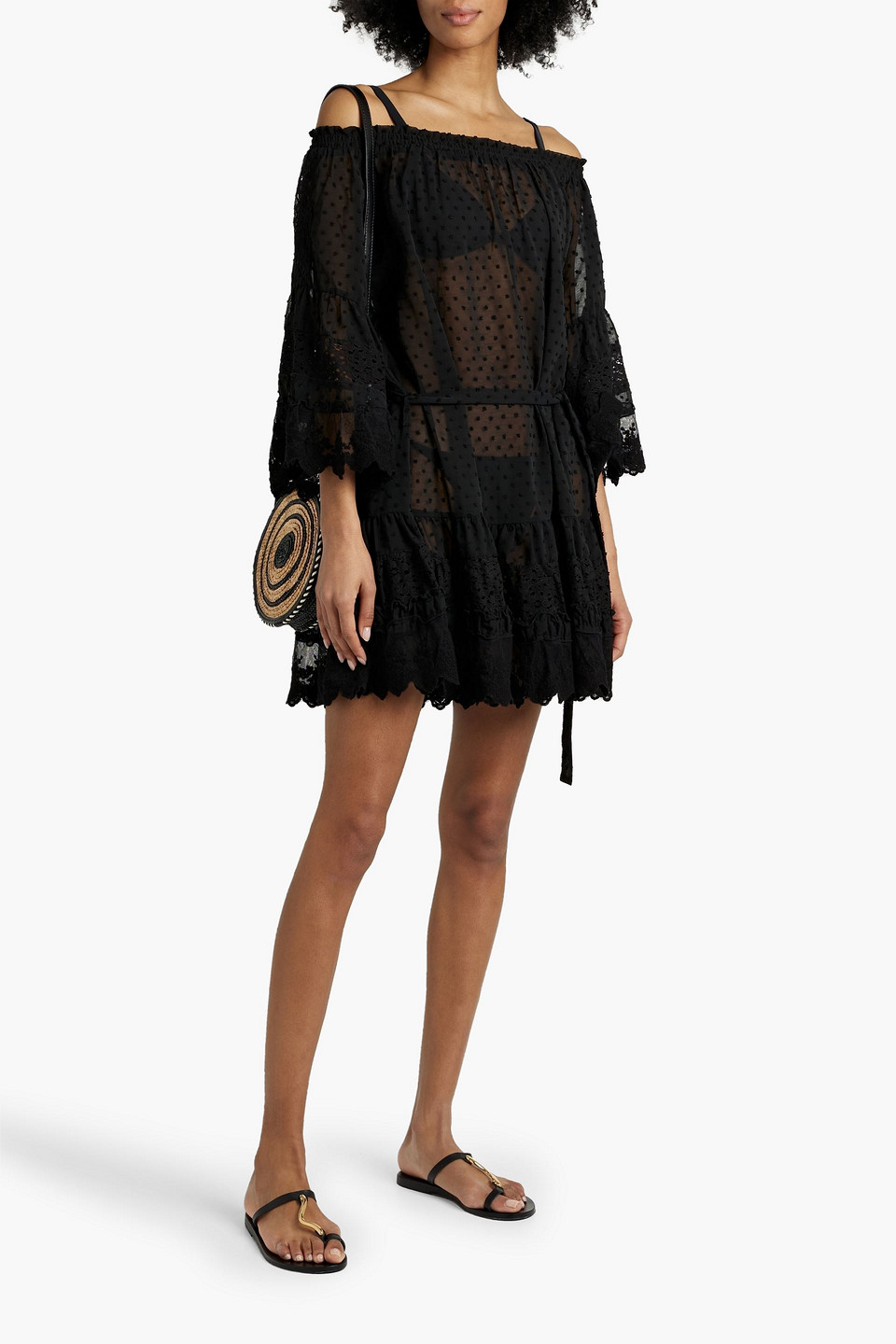 Melissa Odabash Alice Off-the-shoulder Lace-paneled Swiss-dot Mini Dress In Black