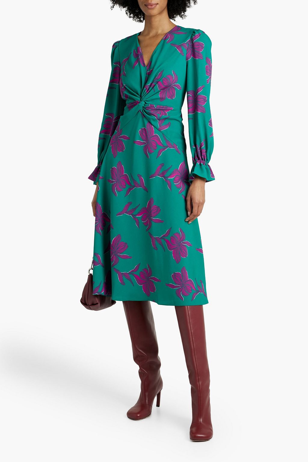 DIANE VON FURSTENBERG 트위스트 디테일 플로럴프린트 크레이프 미디 드레스