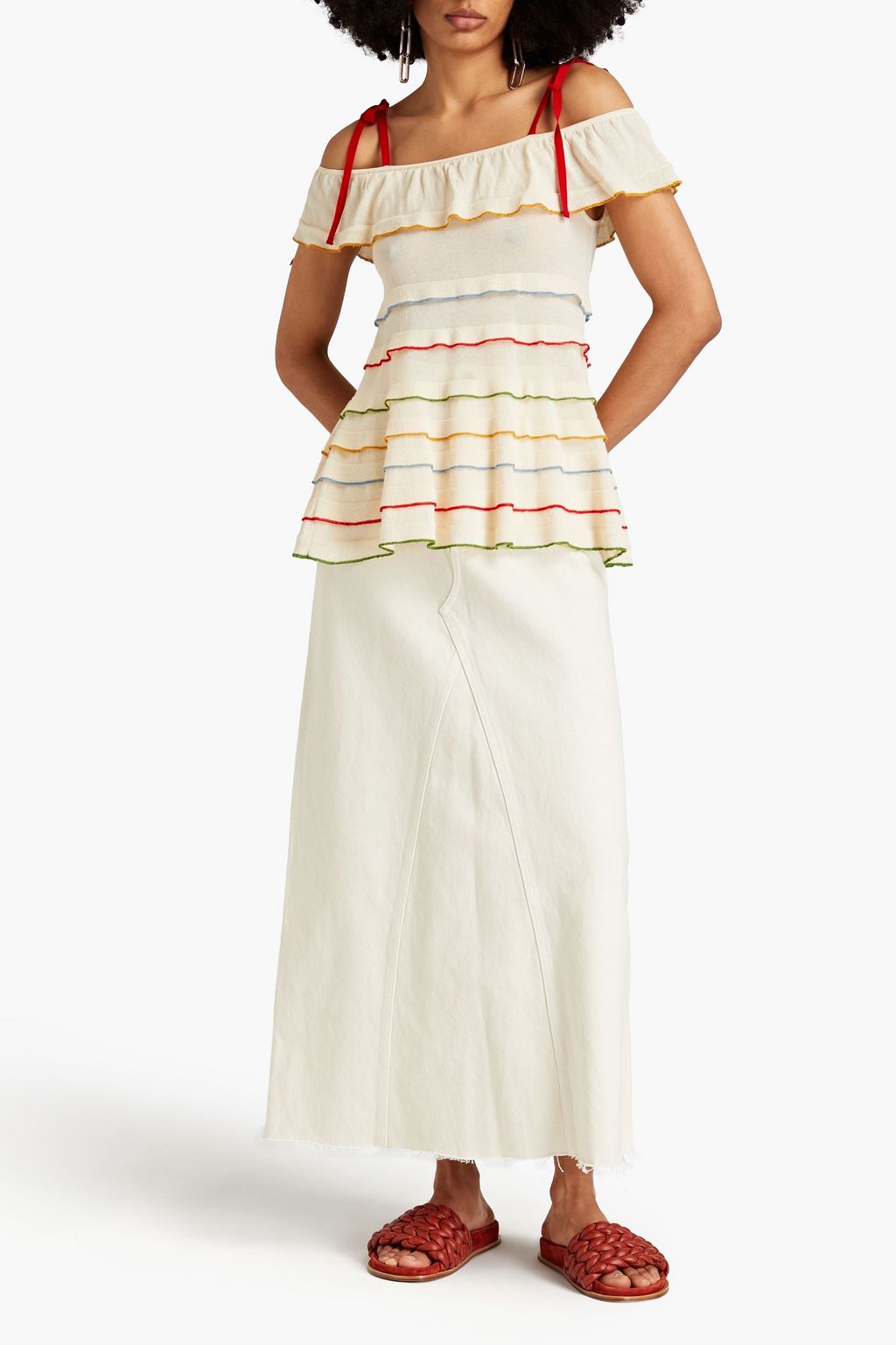 REDVALENTINO Cold-shoulder striped cotton top
