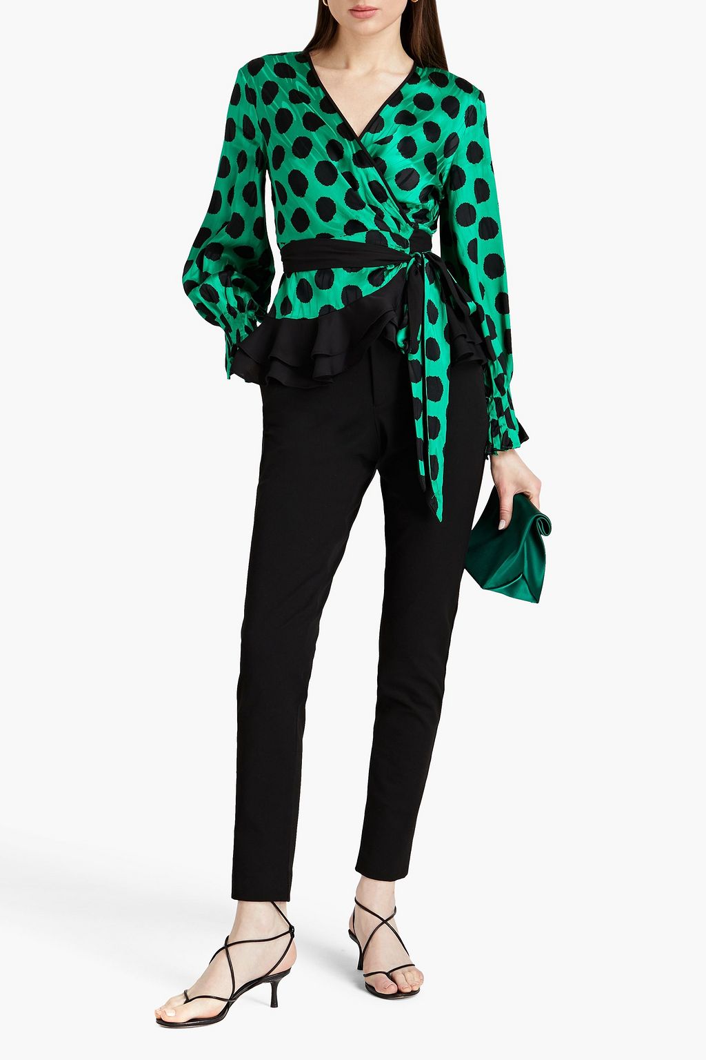 DIANE VON FURSTENBERG 크레이프 패널 폴카 도트 새틴 자카드 랩 탑
