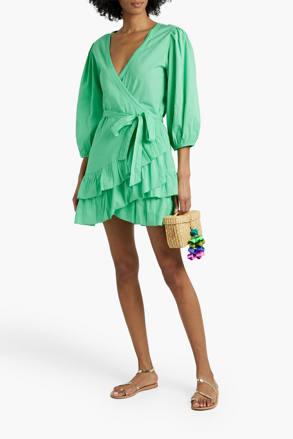 Shop Melissa Odabash Tabitha Ruffled Cotton Mini Wrap Dress In Jade