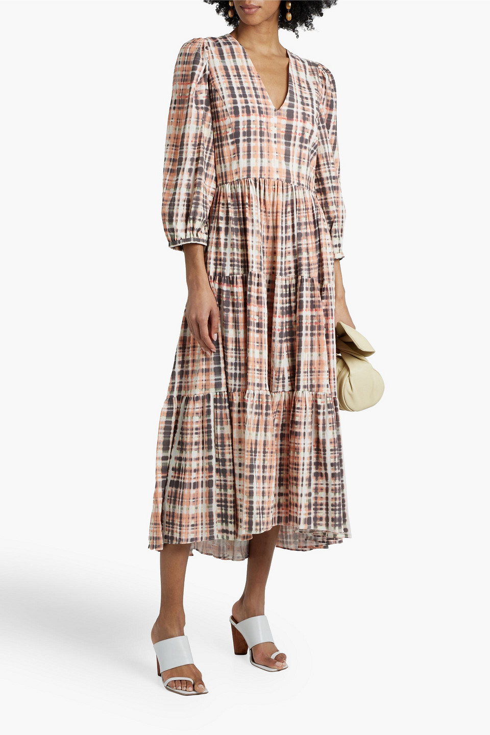 Shop Joie Tobey Tiered Printed Cotton Midi Dress In Peach