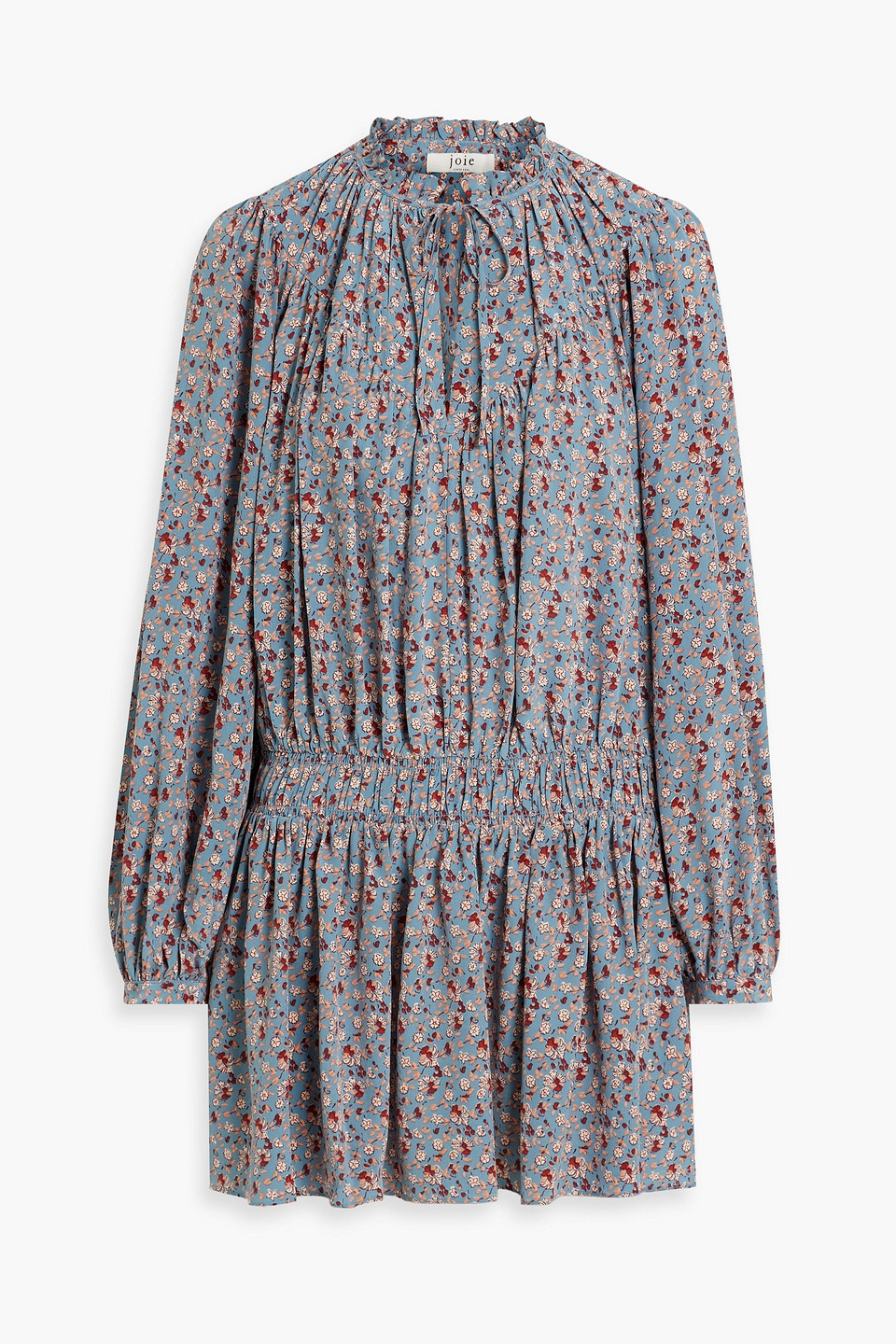 Joie Essex Shirred Floral-print Silk Crepe De Chine Mini Dress In Slate Blue