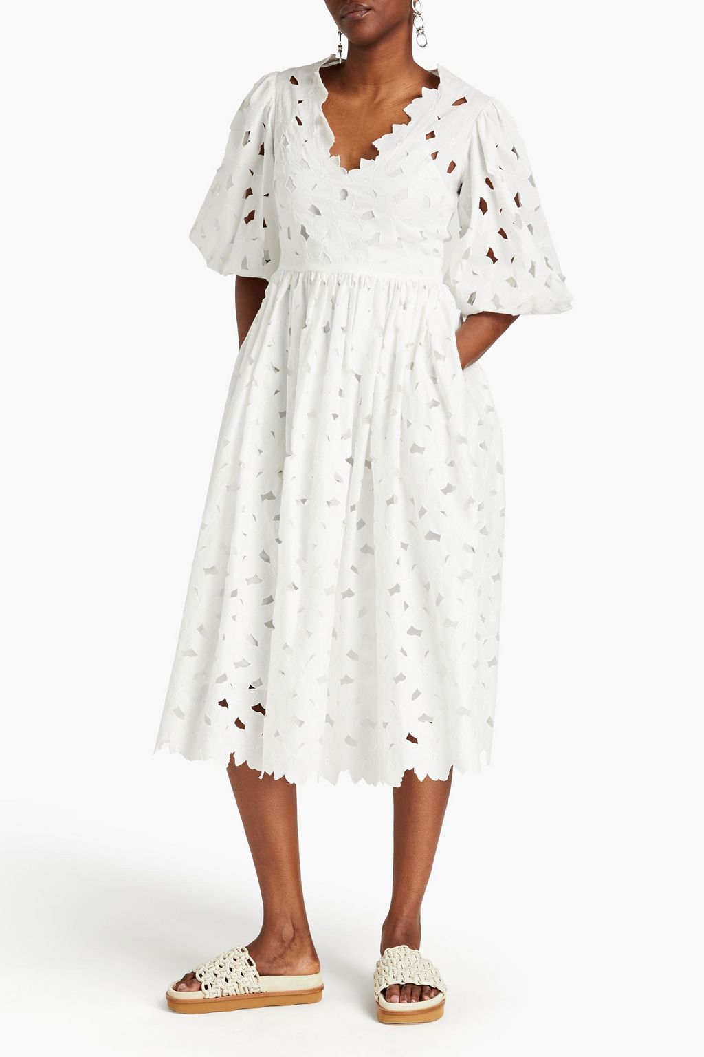 REDVALENTINO Gathered broderie anglaise cotton-blend midi dress