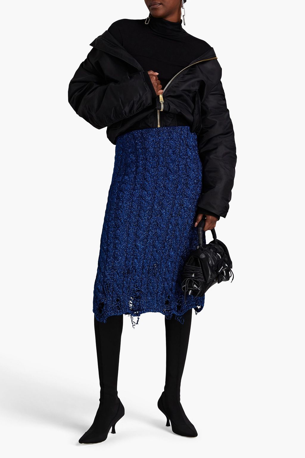 BALENCIAGA ケーブルニット ミディスカート ダメージ加工 メタリック