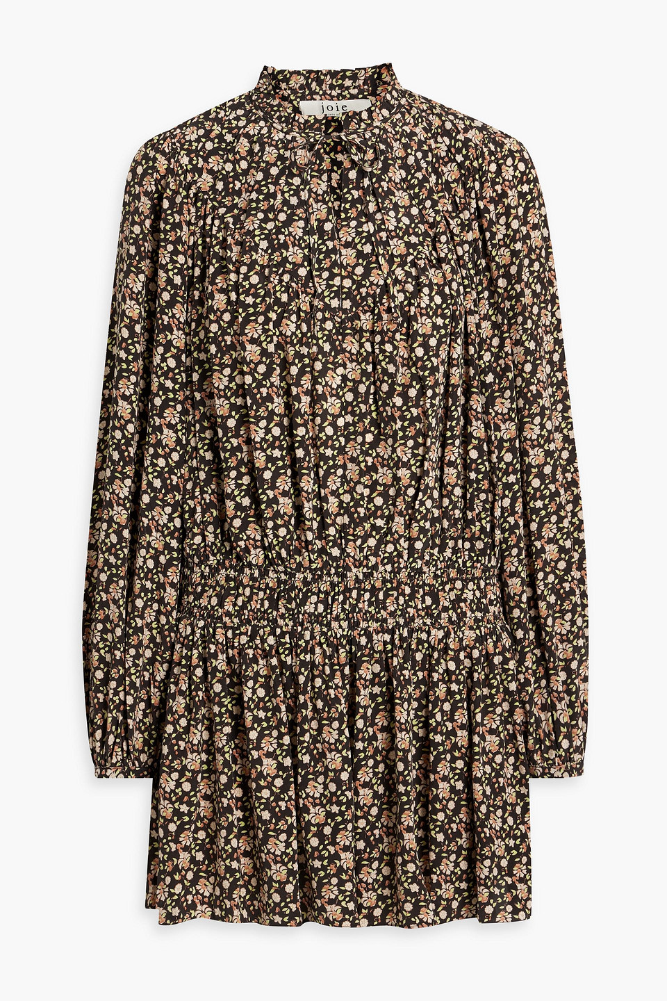 Shop Joie Essex Shirred Floral-print Silk Crepe De Chine Mini Dress In Chocolate