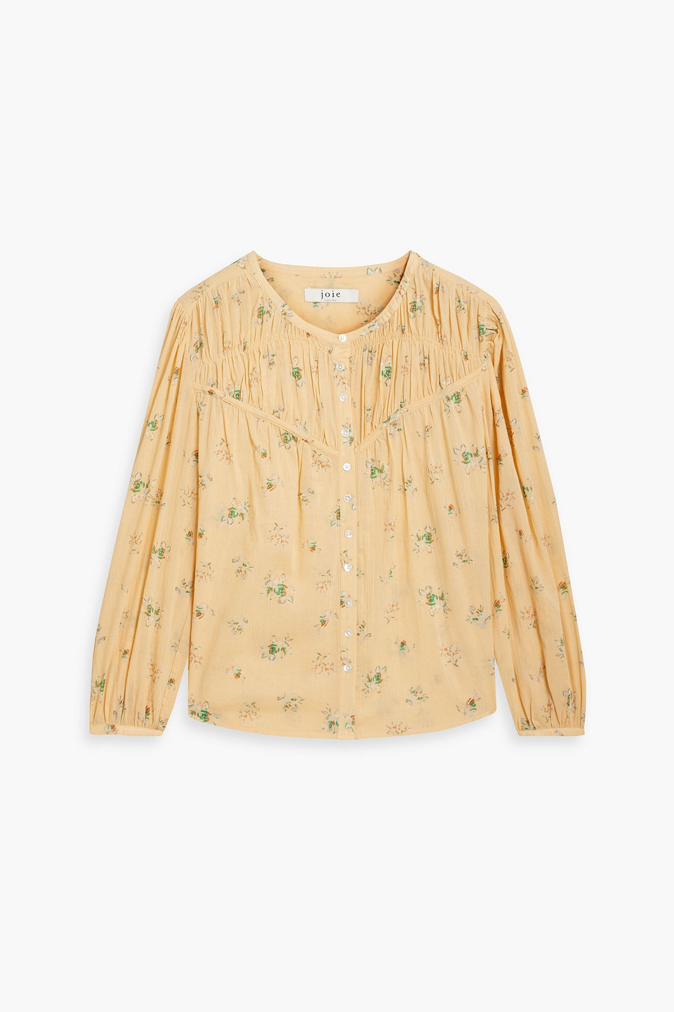 Joie Shirred Gathered Floral-print Cotton Blouse In Pastel Yellow