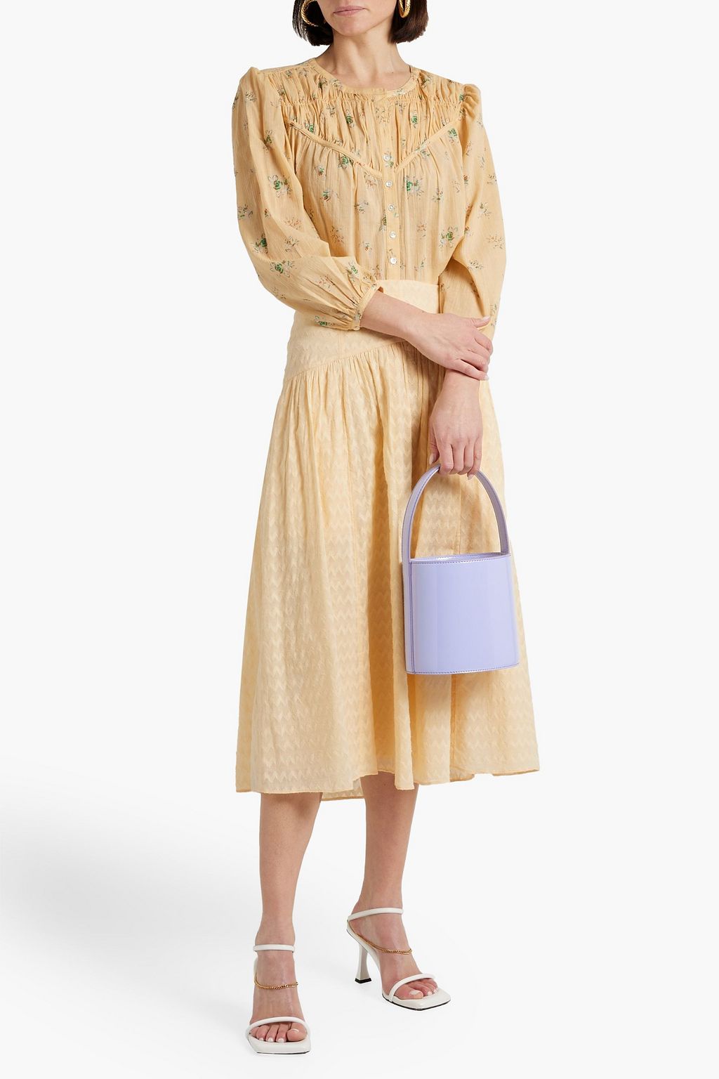 JOIE Shirred gathered floral-print cotton blouse